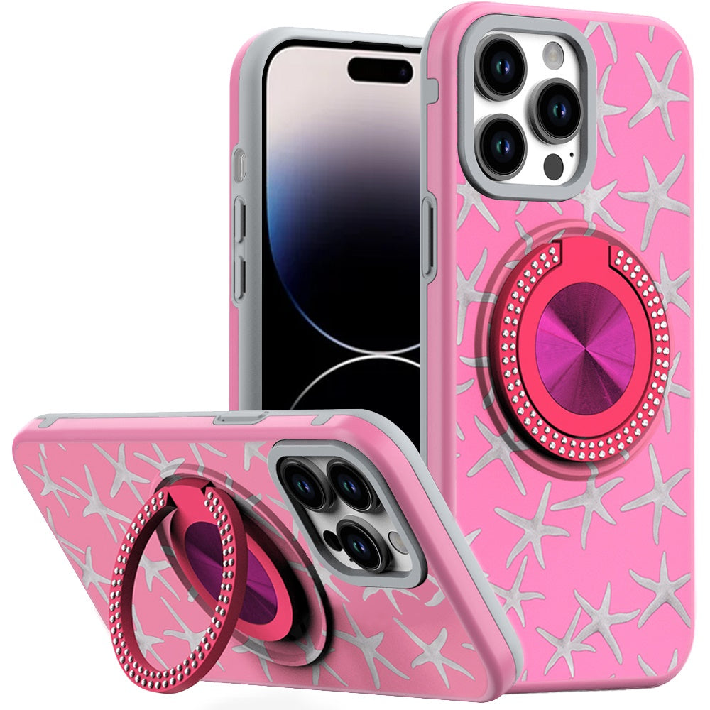 For iPhone 14 PRO MAX 6.7 in. Case Printed Design Metal Bling Ring Stand Cover