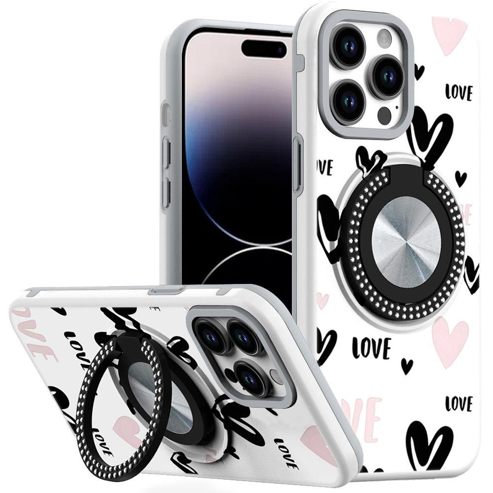 For iPhone 14 PRO MAX 6.7 in. Case Printed Design Metal Bling Ring Stand Cover