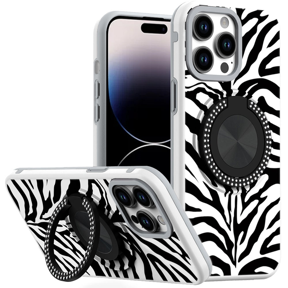 For iPhone 14 PRO MAX 6.7 in. Case Printed Design Metal Bling Ring Stand Cover