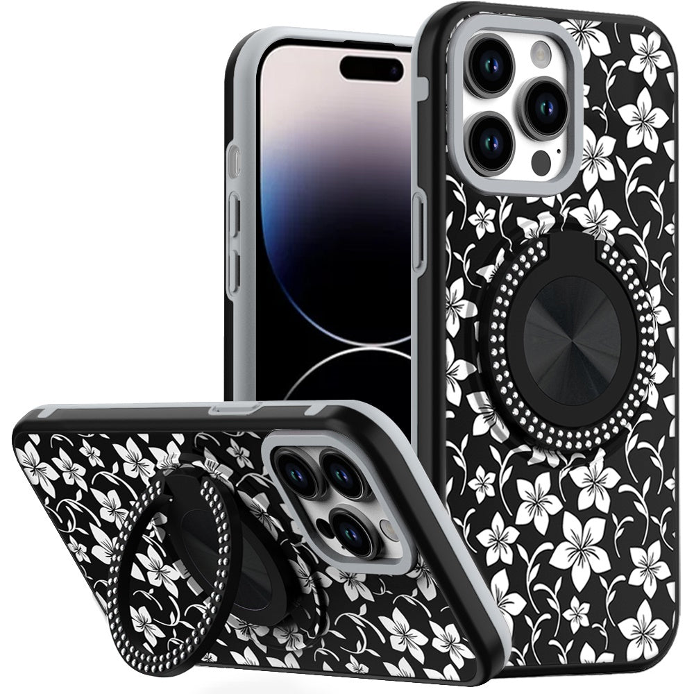 For iPhone 14 PRO MAX 6.7 in. Case Printed Design Metal Bling Ring Stand Cover