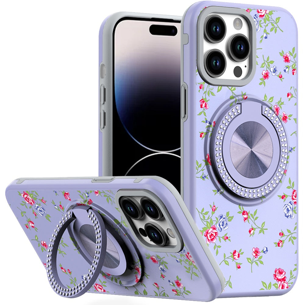 For iPhone 14 PRO MAX 6.7 in. Case Printed Design Metal Bling Ring Stand Cover