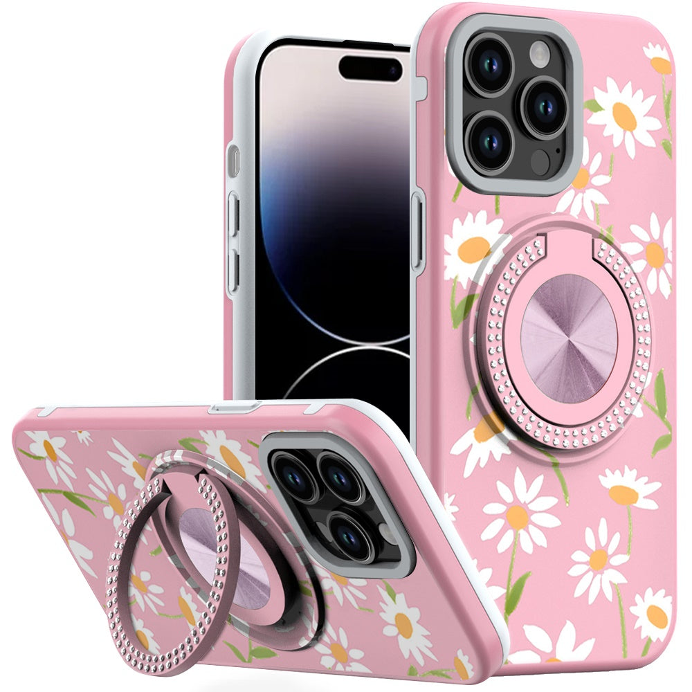 For iPhone 14 PRO MAX 6.7 in. Case Printed Design Metal Bling Ring Stand Cover
