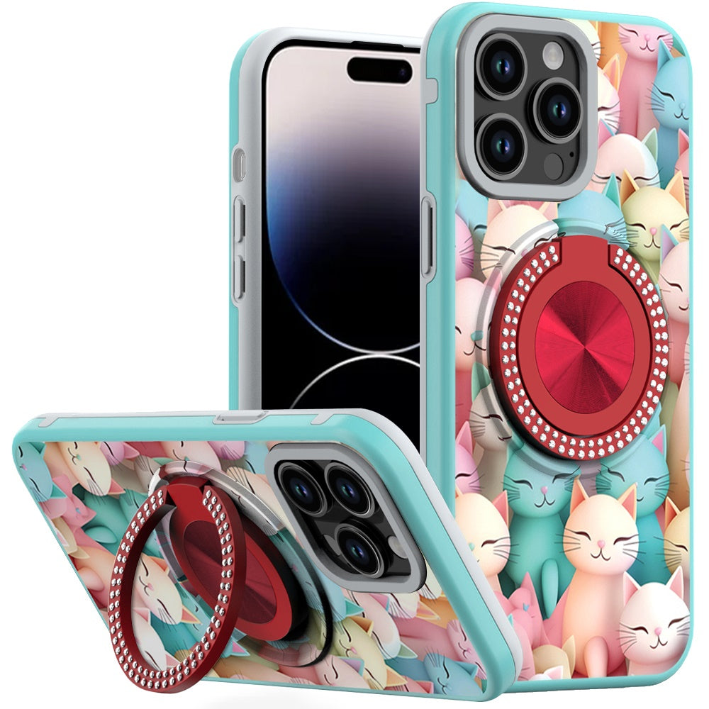 For iPhone 14 PRO MAX 6.7 in. Case Printed Design Metal Bling Ring Stand Cover