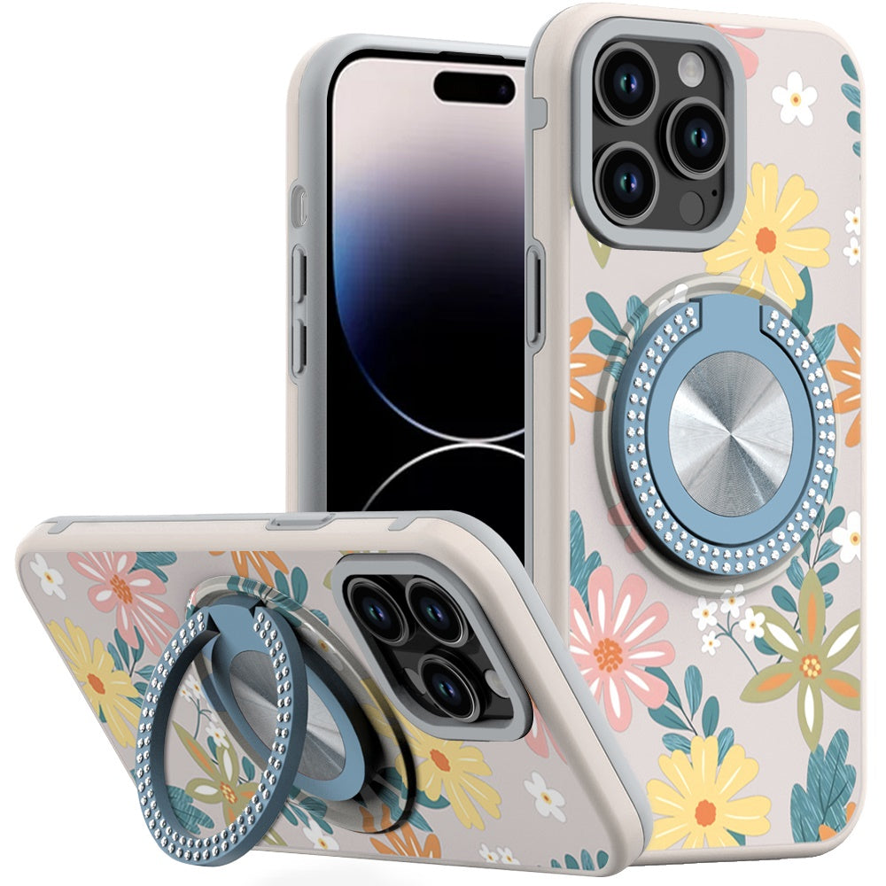 For iPhone 14 PRO MAX 6.7 in. Case Printed Design Metal Bling Ring Stand Cover