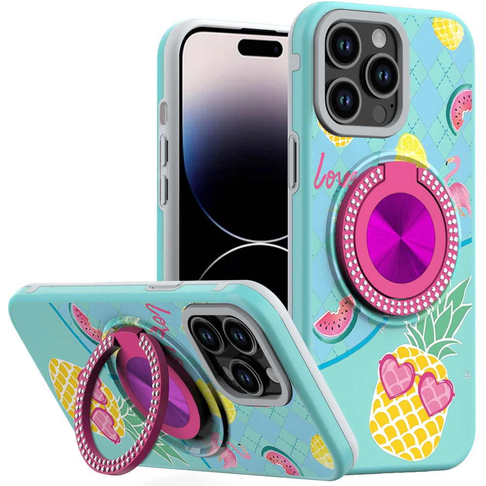 For iPhone 14 PRO MAX 6.7 in. Case Printed Design Metal Bling Ring Stand Cover