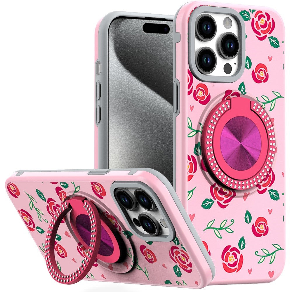 For iPhone 15 Pro Max Case Print Design Magnetic Bling Ring + 2 Tempered Glass