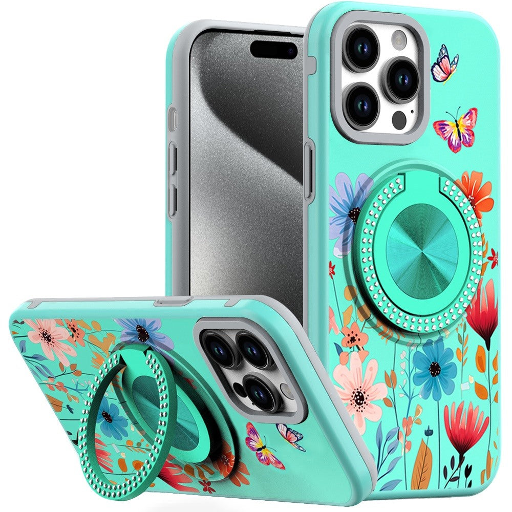 For iPhone 15 Pro Max Case Print Design Magnetic Bling Ring + 2 Tempered Glass