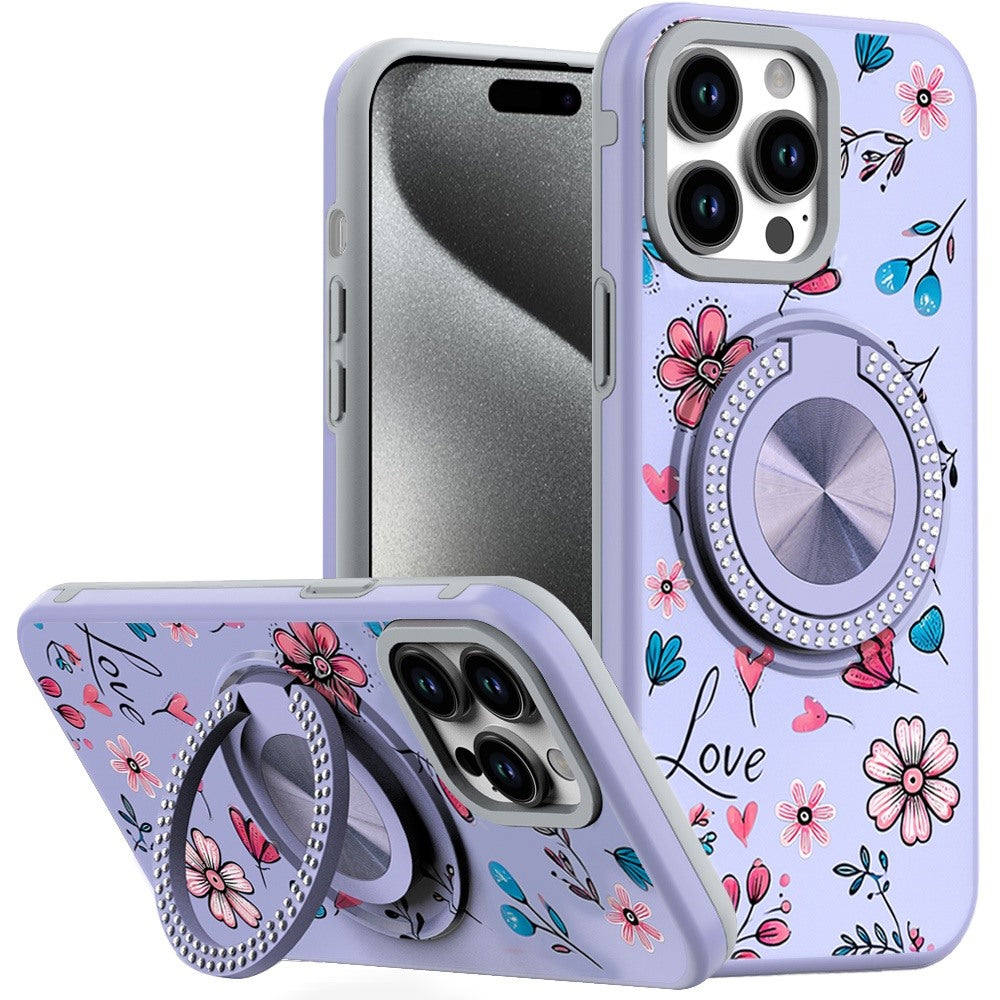 For iPhone 15 Pro Max Case Print Design Magnetic Bling Ring + 2 Tempered Glass