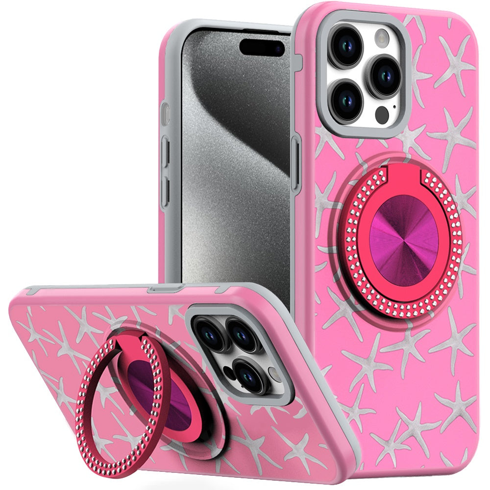 For iPhone 15 Pro Max Case Print Design Magnetic Bling Ring + 2 Tempered Glass