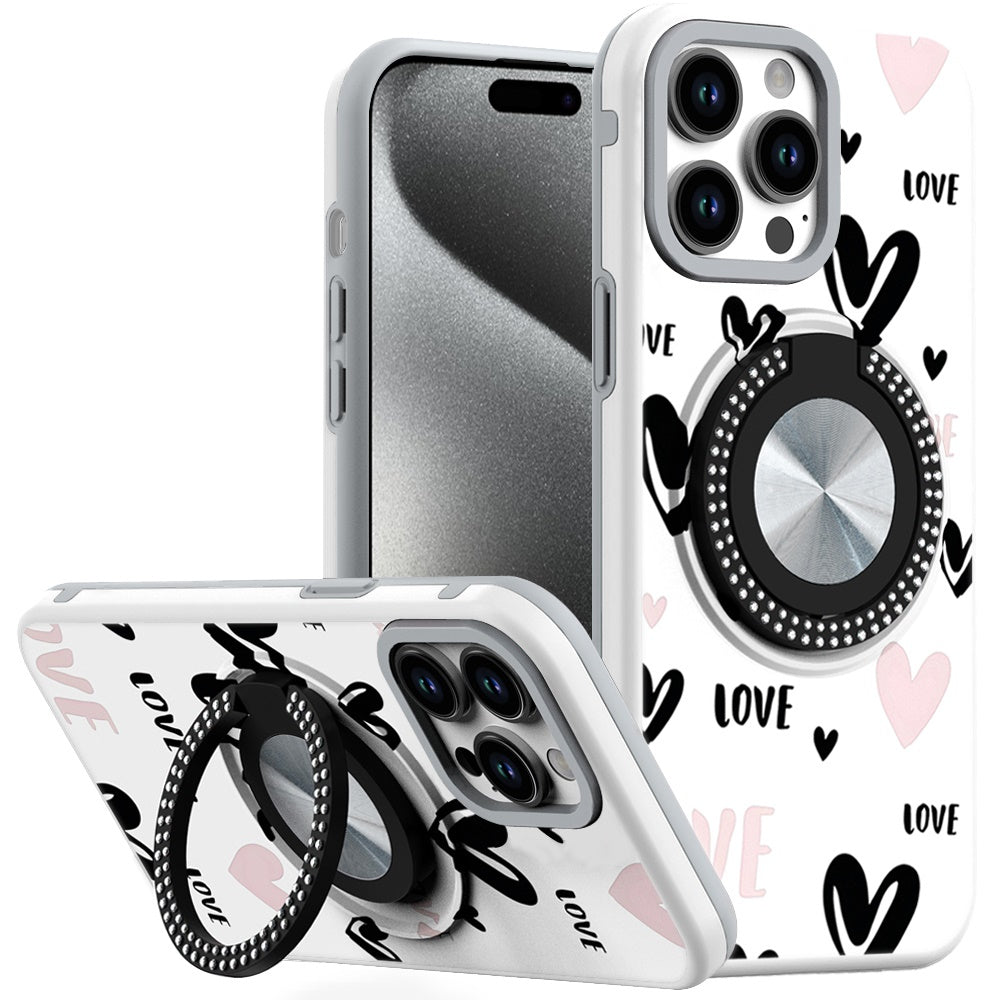 For iPhone 15 Pro Max Case Print Design Magnetic Bling Ring + 2 Tempered Glass
