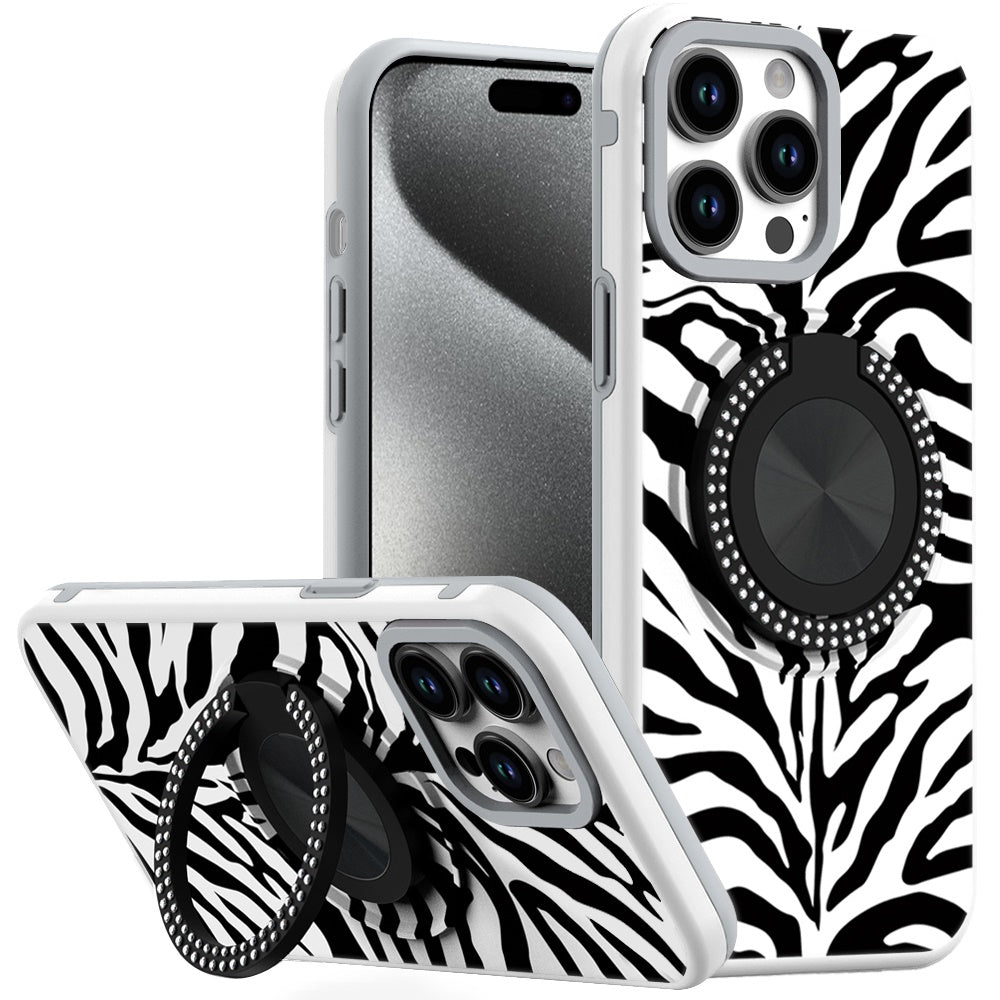 For iPhone 15 Pro Max Case Print Design Magnetic Bling Ring + 2 Tempered Glass