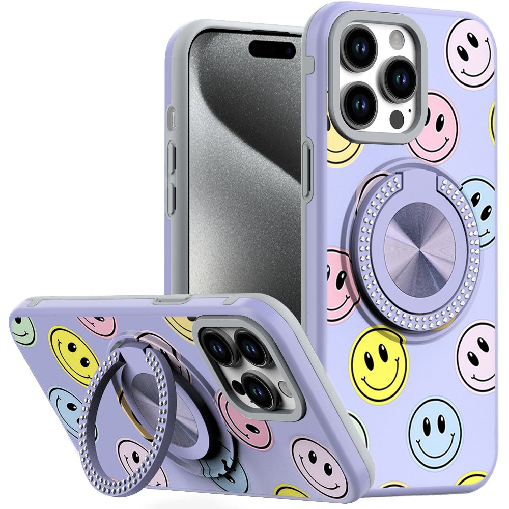 For iPhone 15 Pro Max Case Print Design Magnetic Bling Ring + 2 Tempered Glass