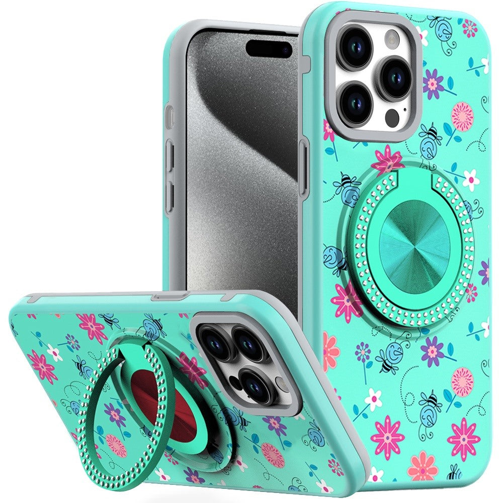 For iPhone 15 Pro Max Case Print Design Magnetic Bling Ring + 2 Tempered Glass