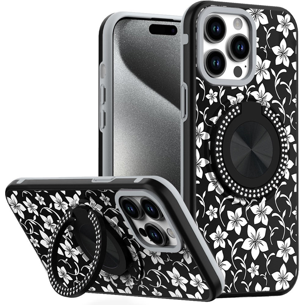 For iPhone 15 Pro Max Case Print Design Magnetic Bling Ring + 2 Tempered Glass