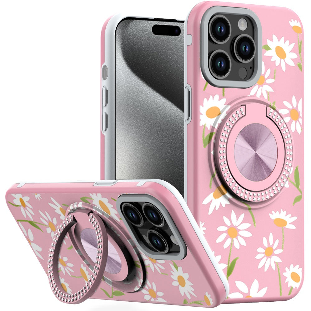 For iPhone 15 Pro Max Case Print Design Magnetic Bling Ring + 2 Tempered Glass