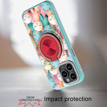 For iPhone 15 Pro Max Case Print Design Magnetic Bling Ring + 2 Tempered Glass