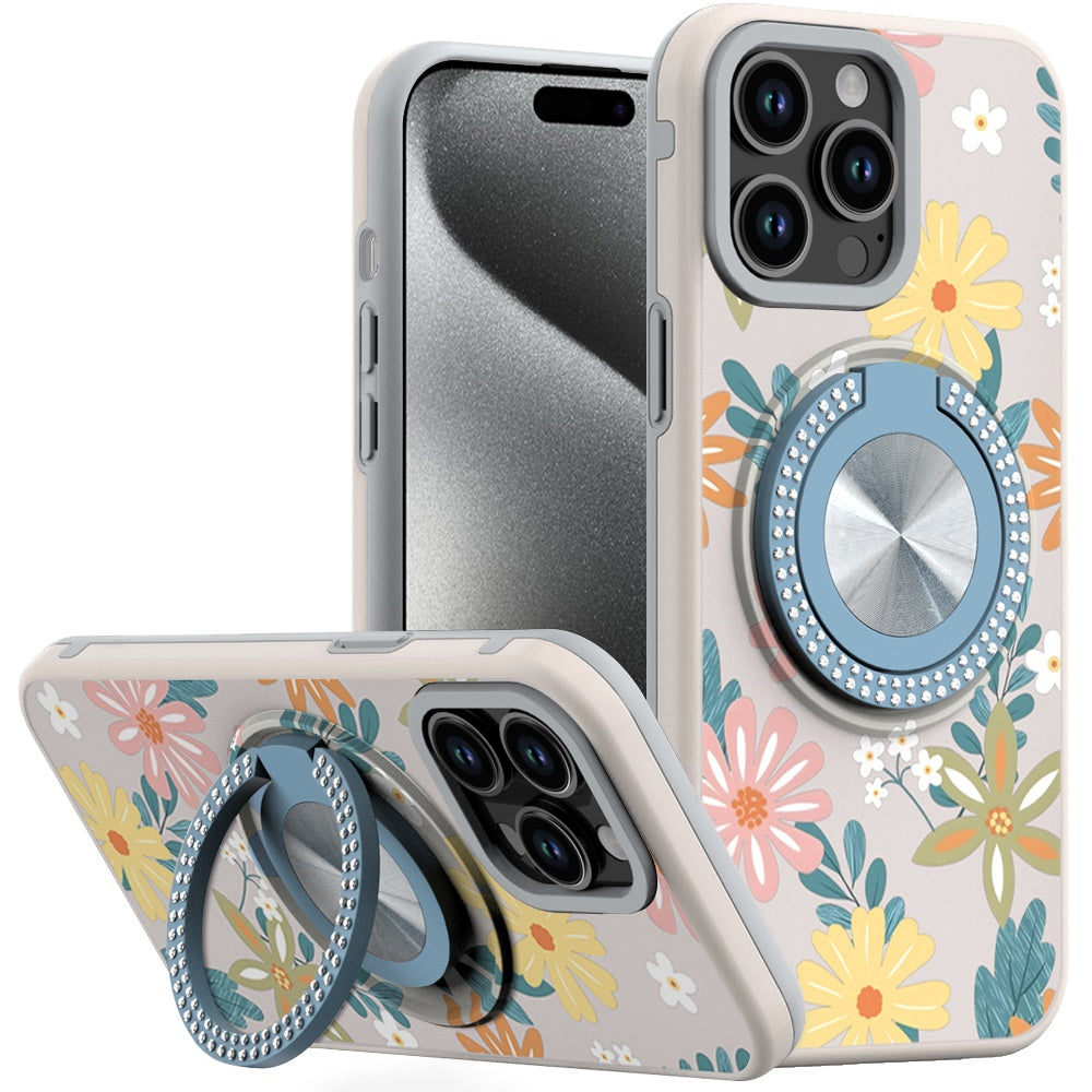 For iPhone 15 Pro Max Case Print Design Magnetic Bling Ring + 2 Tempered Glass