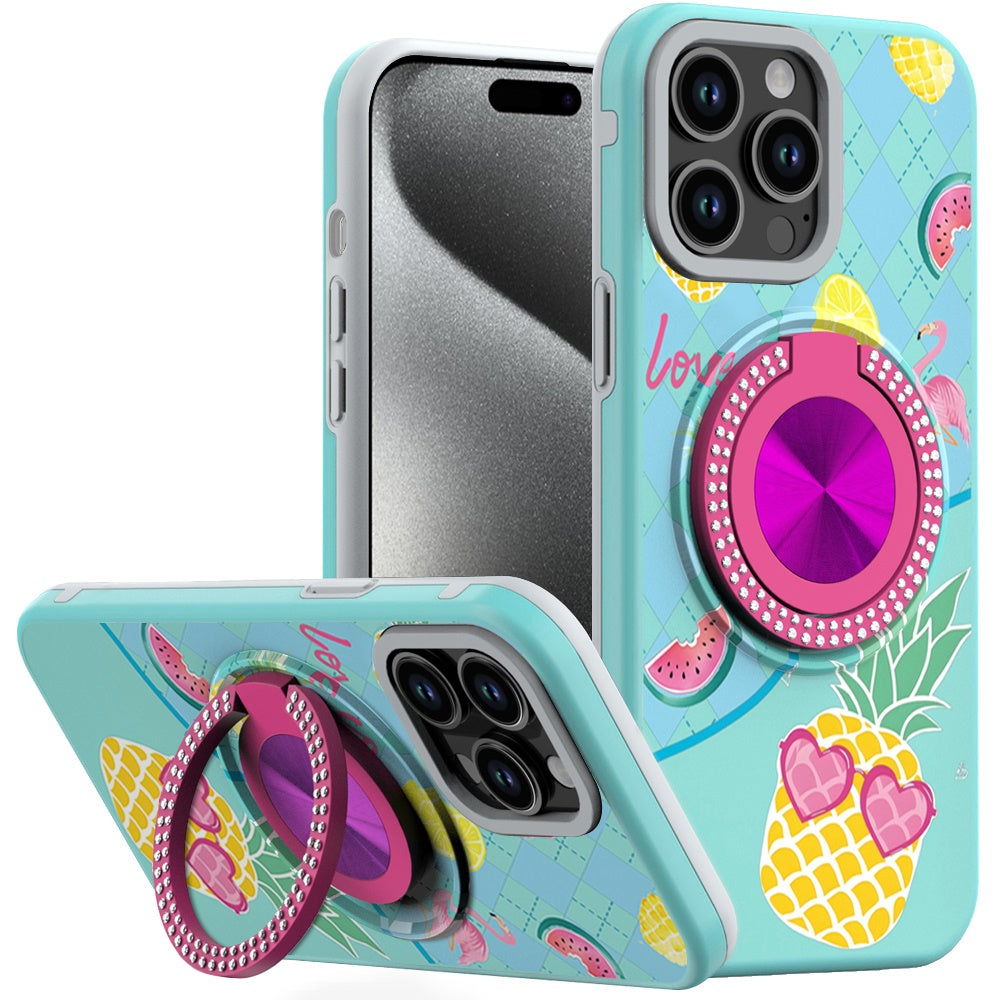 For iPhone 15 Pro Max Case Print Design Magnetic Bling Ring + 2 Tempered Glass