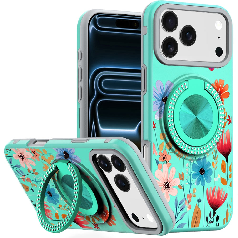 For iPhone 17 Pro Max Case Printed Design Bling 360 Stand Cover + Tempered Glass