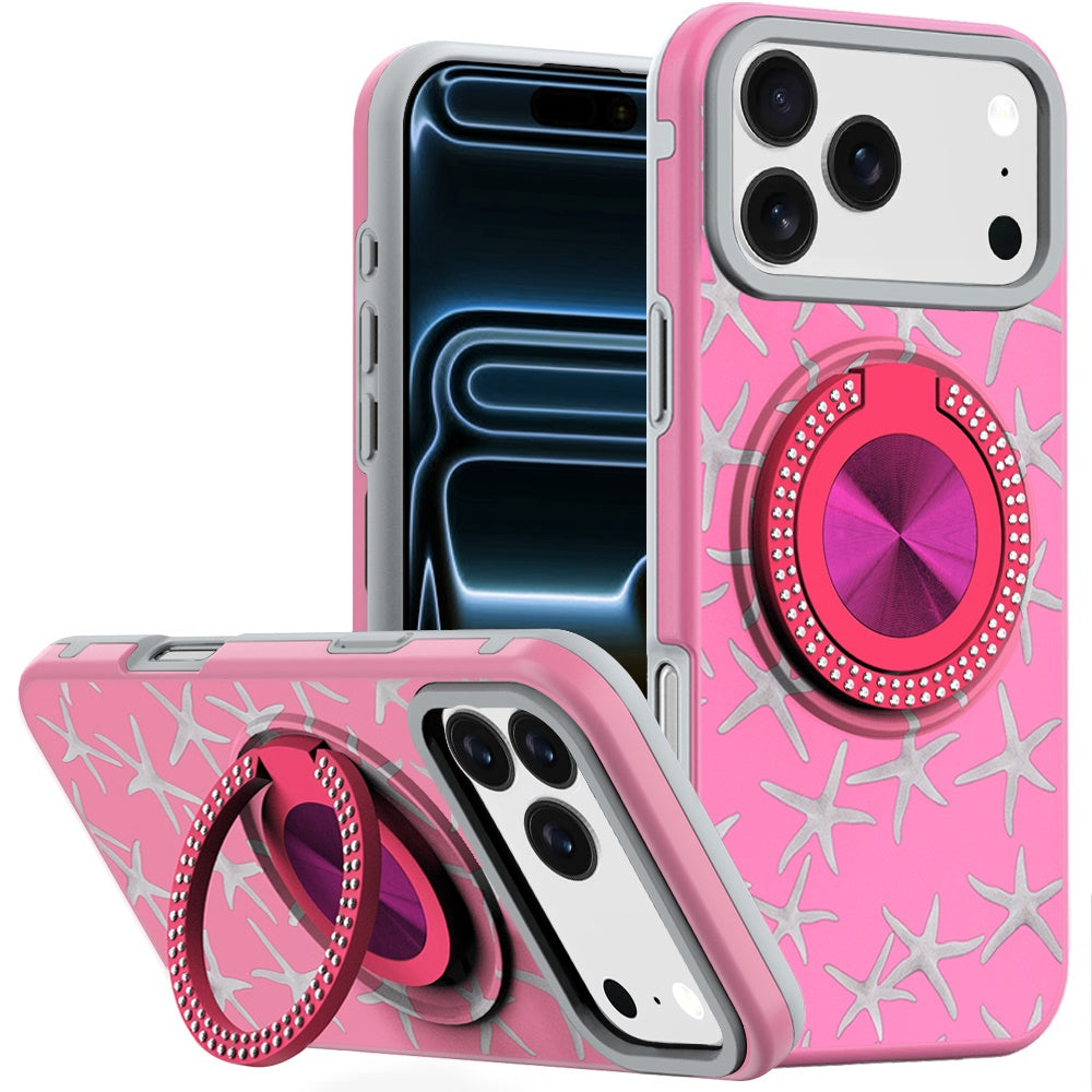 For iPhone 17 Pro Max Case Printed Design Bling 360 Stand Cover + Tempered Glass