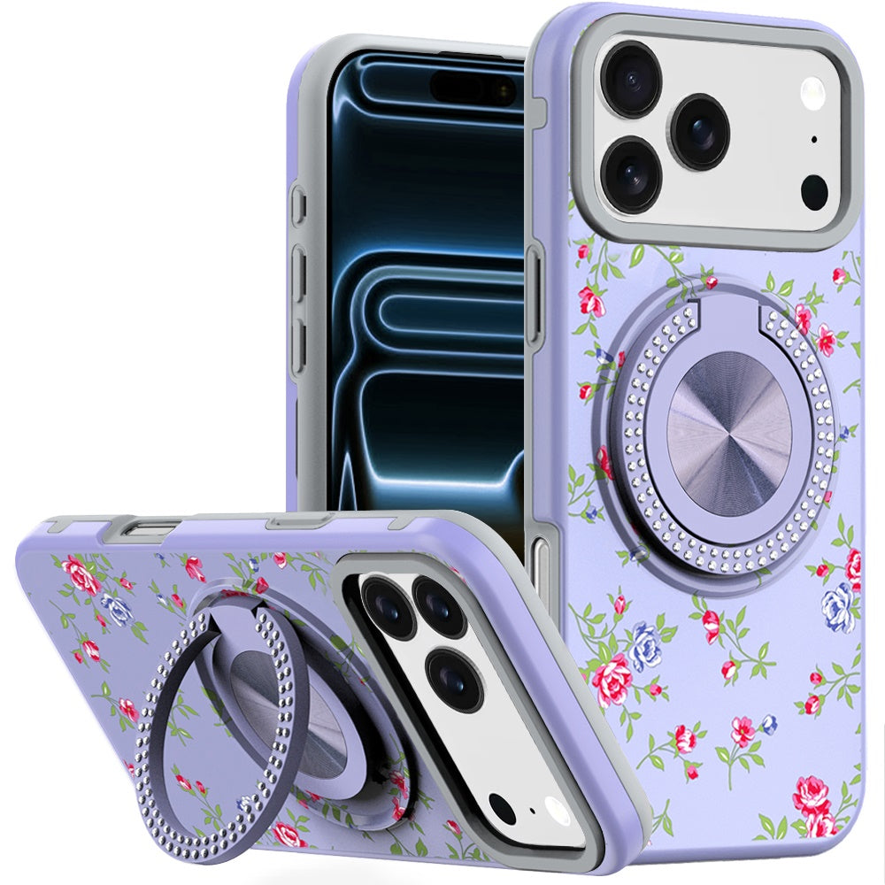 For iPhone 17 Pro Max Case Printed Design Bling 360 Stand Cover + Tempered Glass