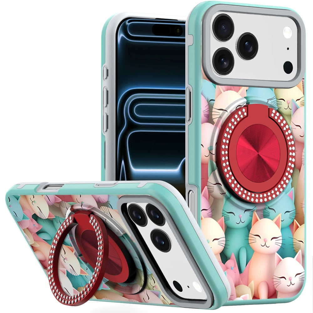 For iPhone 17 Pro Max Case Printed Design Bling 360 Stand Cover + Tempered Glass