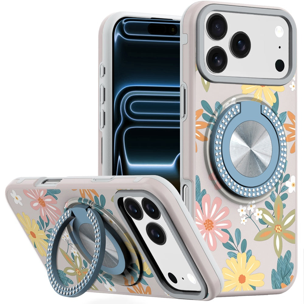 For iPhone 17 Pro Max Case Printed Design Bling 360 Stand Cover + Tempered Glass