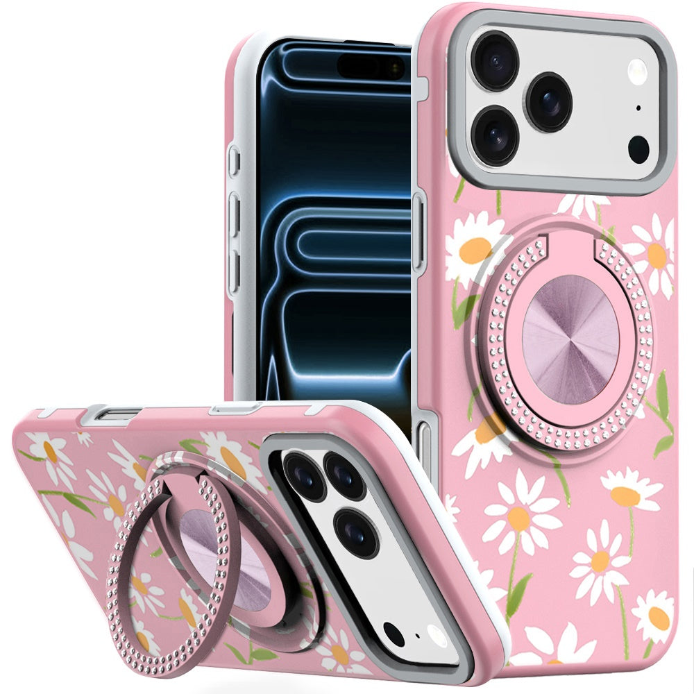 For iPhone 17 PRO Case Printed Design with 360 Ring Bling Stand + Tempered Glass