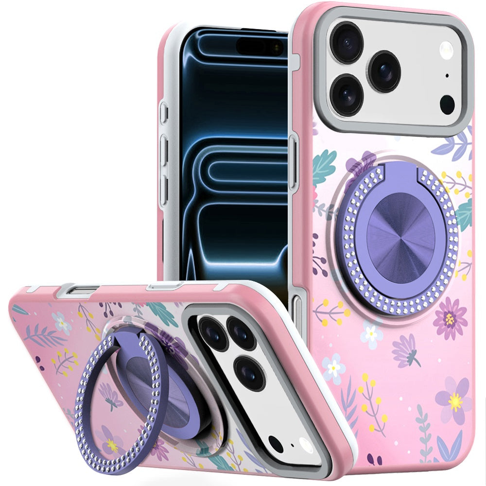 For iPhone 17 PRO Case Printed Design with 360 Ring Bling Stand + Tempered Glass