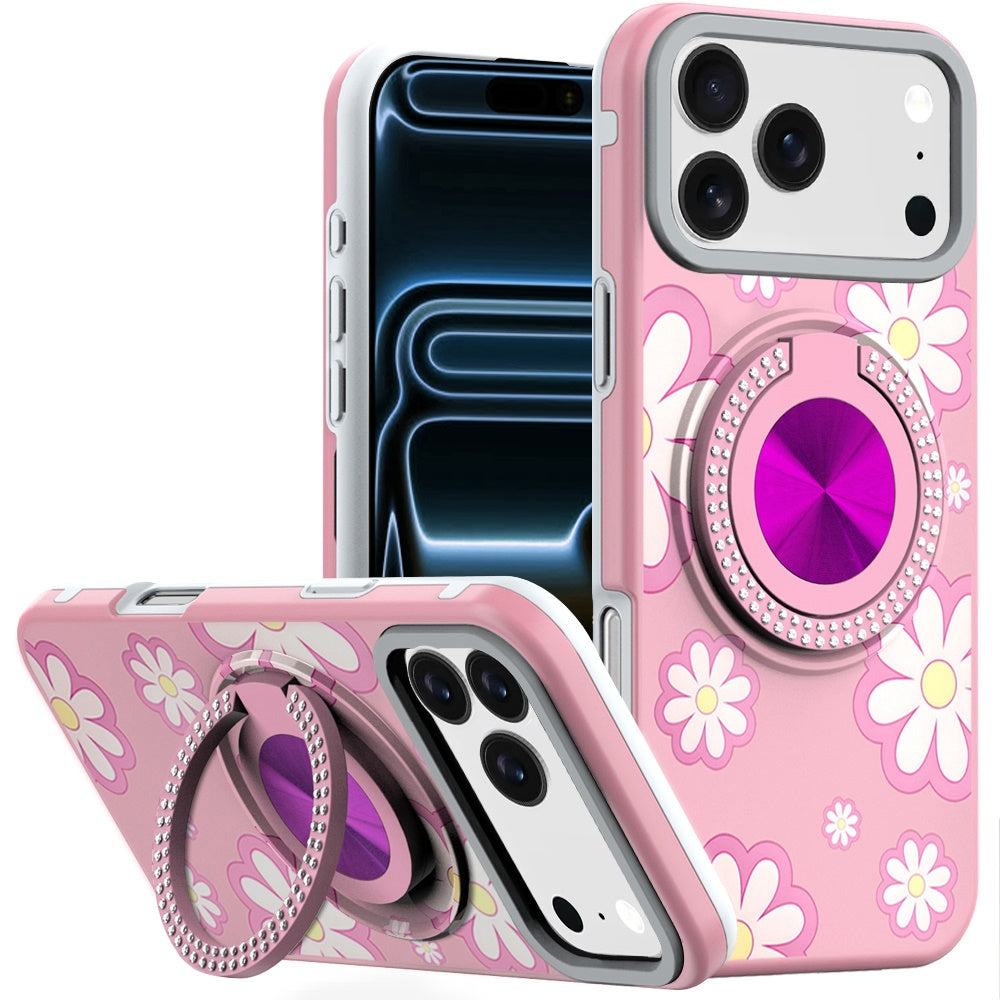 For iPhone 17 PRO Case Printed Design with 360 Ring Bling Stand + Tempered Glass