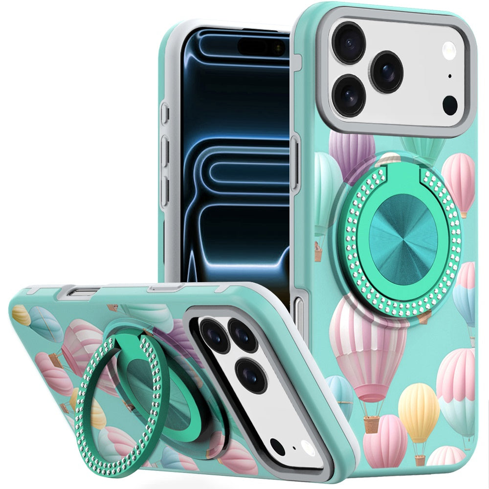 For iPhone 17 PRO Case Printed Design with 360 Ring Bling Stand + Tempered Glass