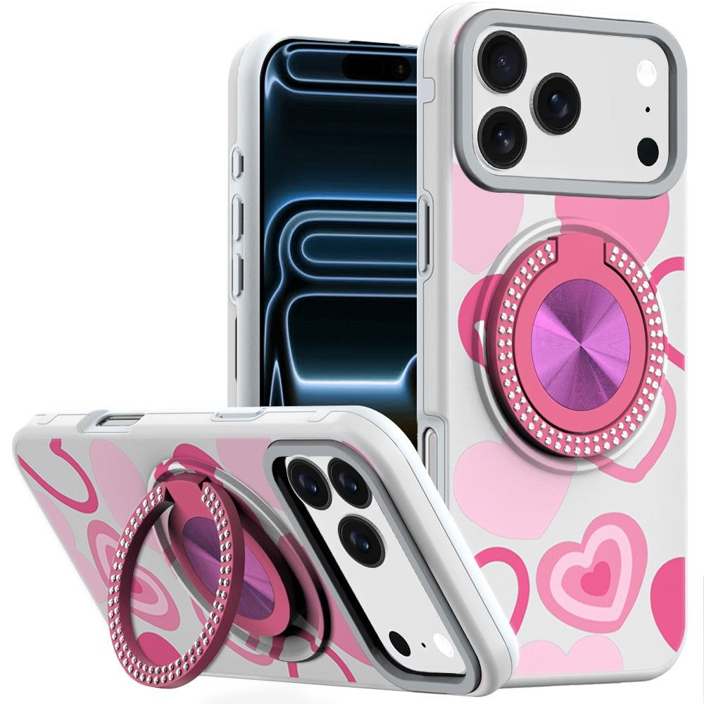 For iPhone 17 PRO Case Printed Design with 360 Ring Bling Stand + Tempered Glass