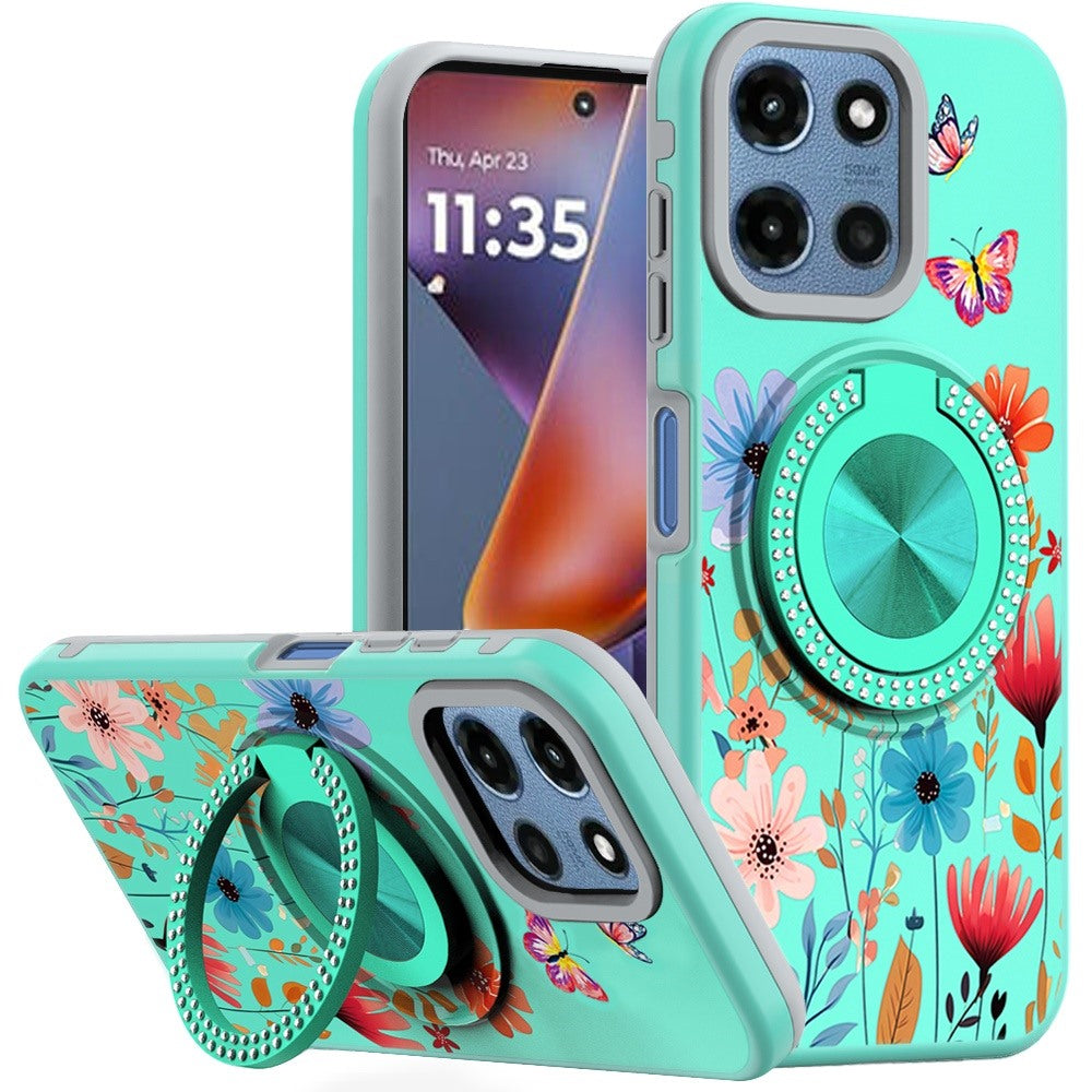 For Moto G 2025 Case Printed Design Magnetic Bling Ring Stand + Tempered Glass
