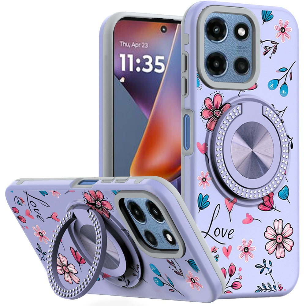For Moto G 2025 Case Printed Design Magnetic Bling Ring Stand + Tempered Glass