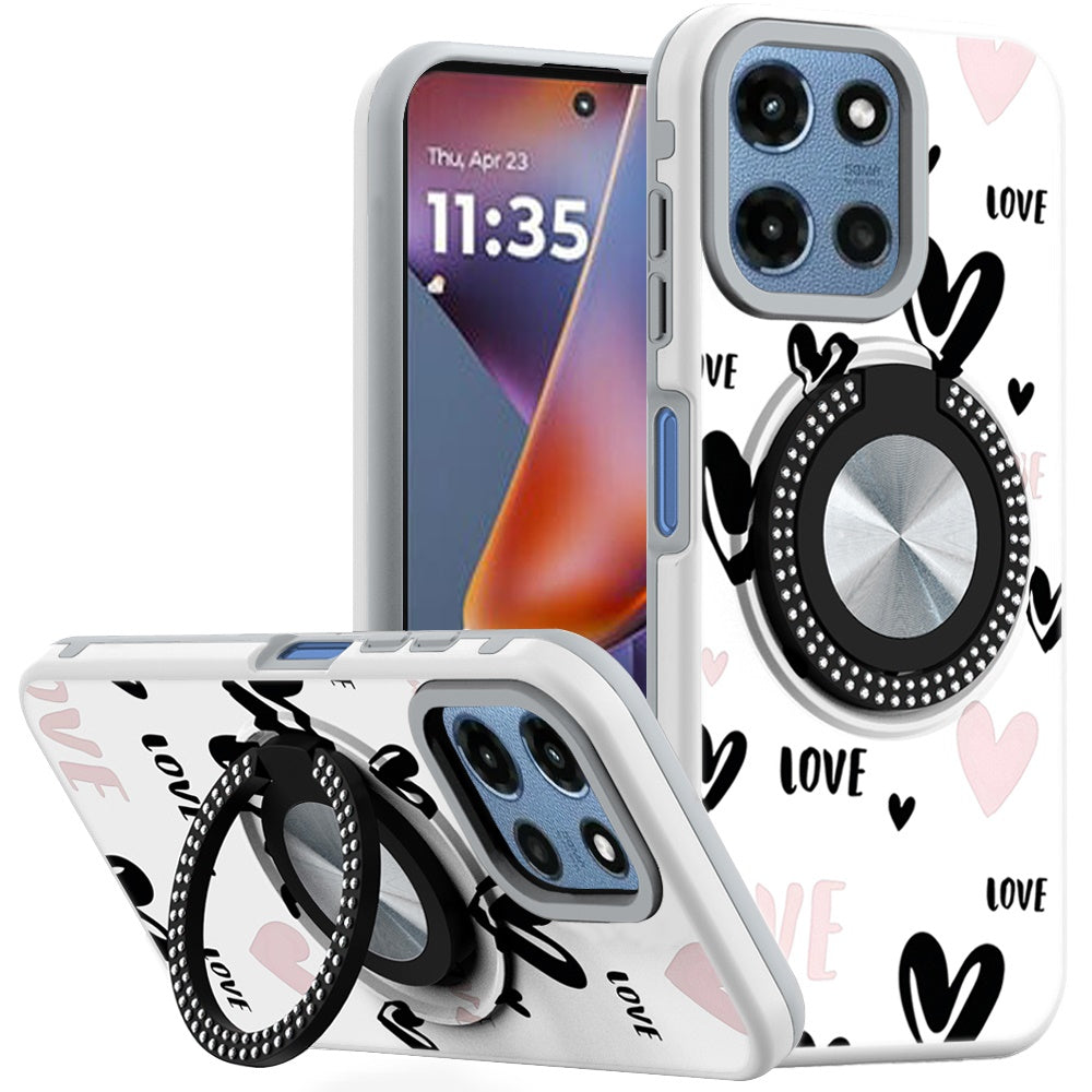 For Moto G 2025 Case Printed Design Magnetic Bling Ring Stand + Tempered Glass