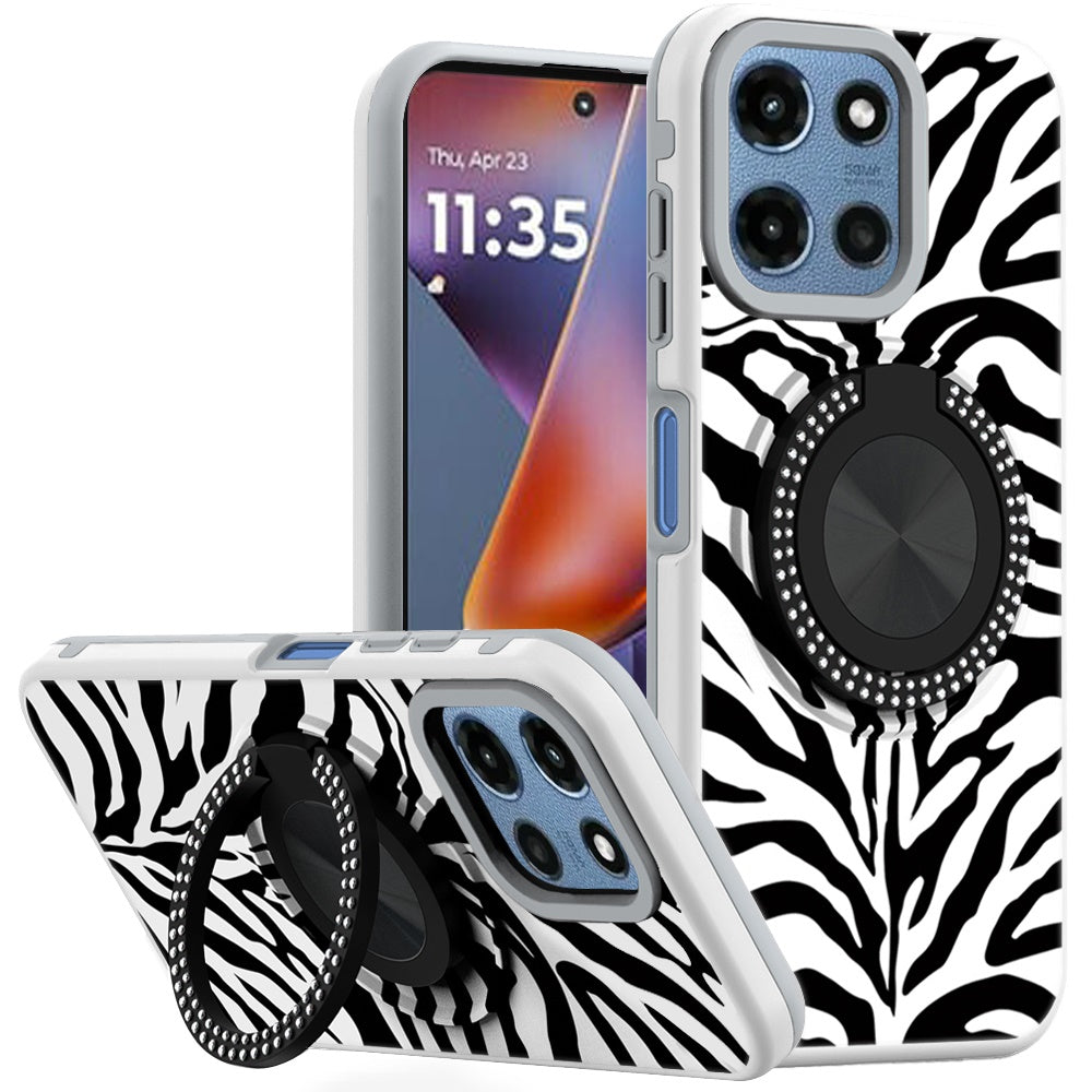 For Moto G 2025 Case Printed Design Magnetic Bling Ring Stand + Tempered Glass