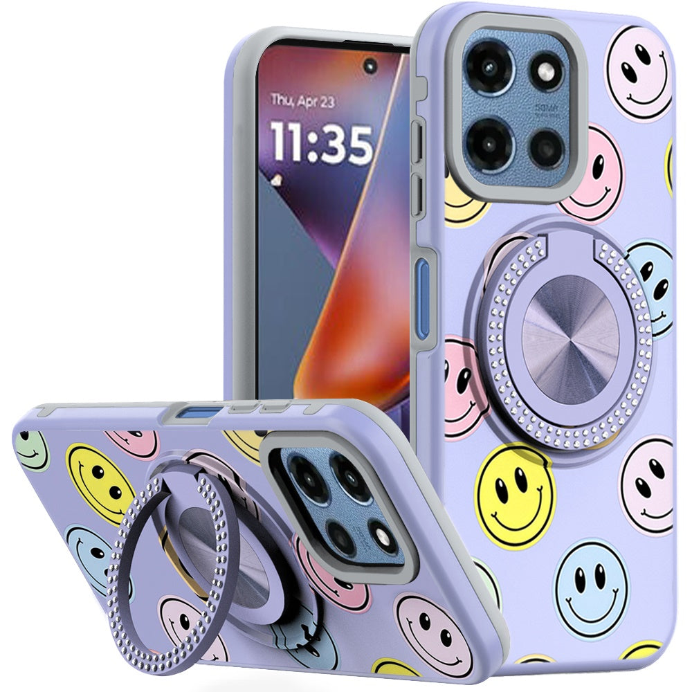 For Moto G 2025 Case Printed Design Magnetic Bling Ring Stand + Tempered Glass