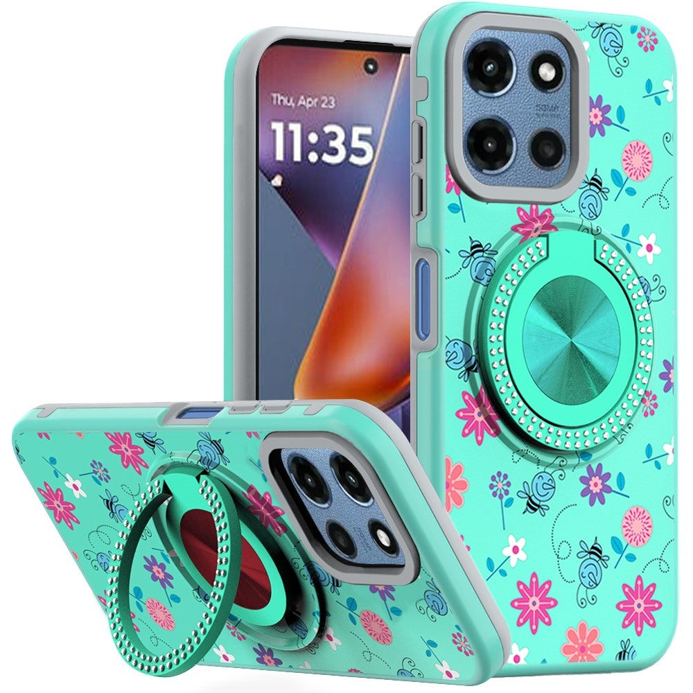 For Moto G 2025 Case Printed Design Magnetic Bling Ring Stand + Tempered Glass