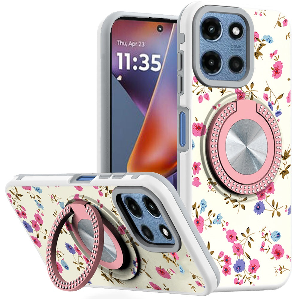 For Moto G 2025 Case Printed Design Magnetic Bling Ring Stand + Tempered Glass