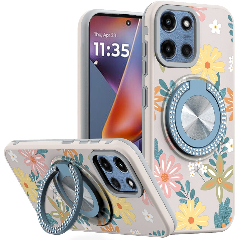 For Moto G 2025 Case Printed Design Magnetic Bling Ring Stand + Tempered Glass