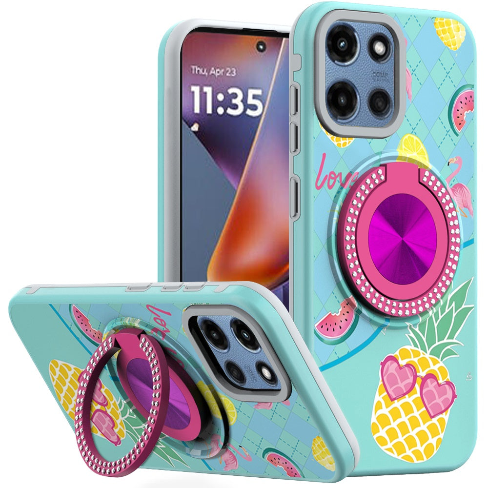 For Moto G 2025 Case Printed Design Magnetic Bling Ring Stand + Tempered Glass