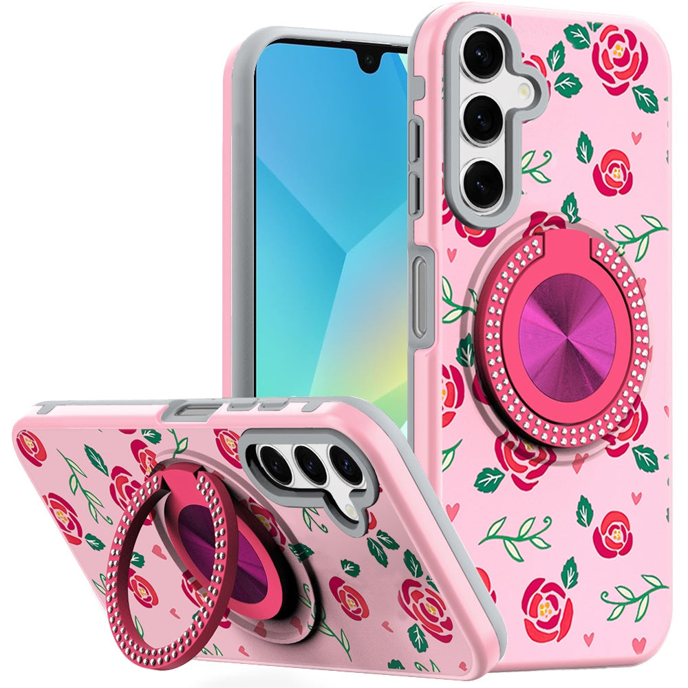 For Samsung A16 5G Case Printed Design Magnetic Bling Ring Stand +Tempered Glass