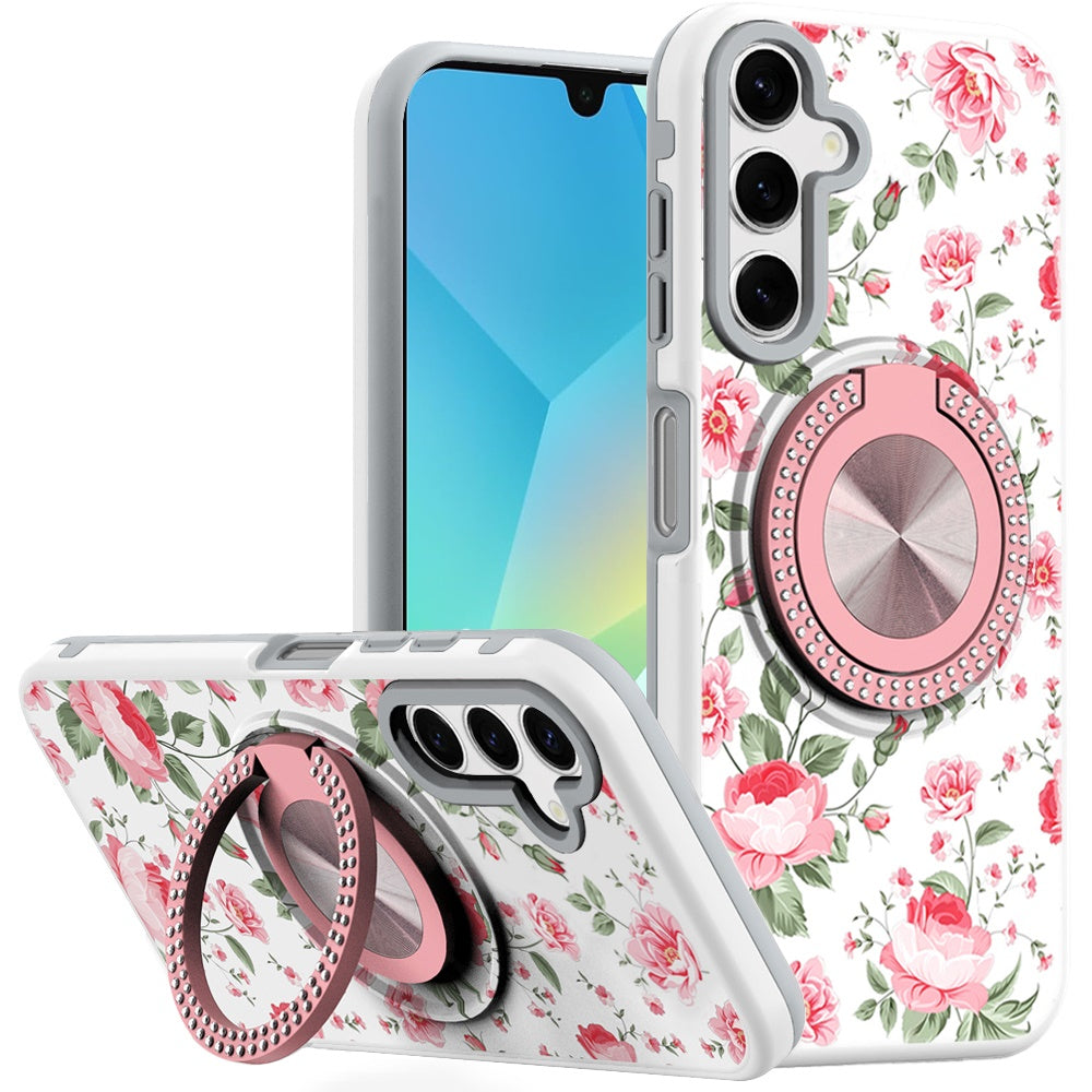 For Samsung A16 5G Case Printed Design Magnetic Bling Ring Stand +Tempered Glass