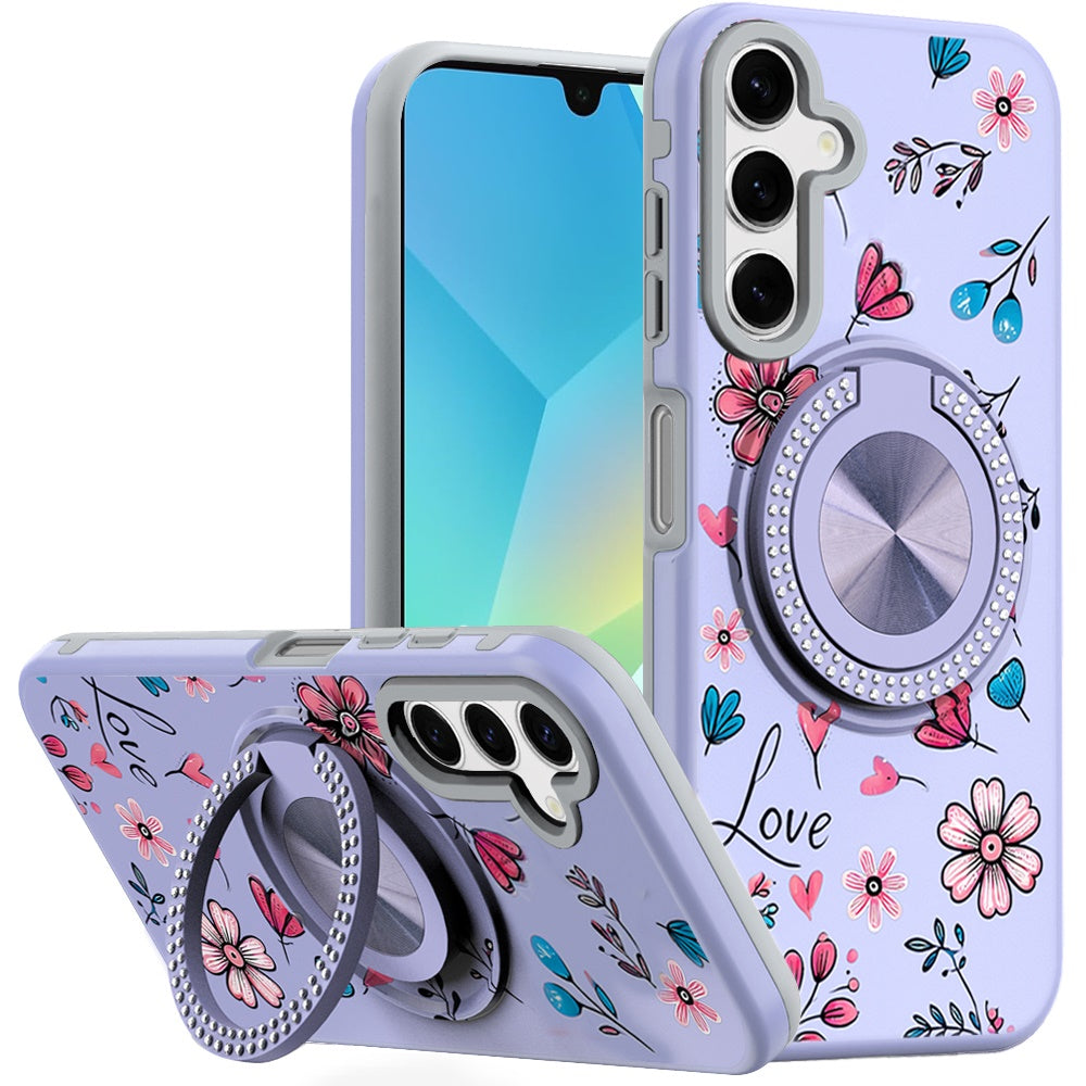 For Samsung A16 5G Case Printed Design Magnetic Bling Ring Stand +Tempered Glass