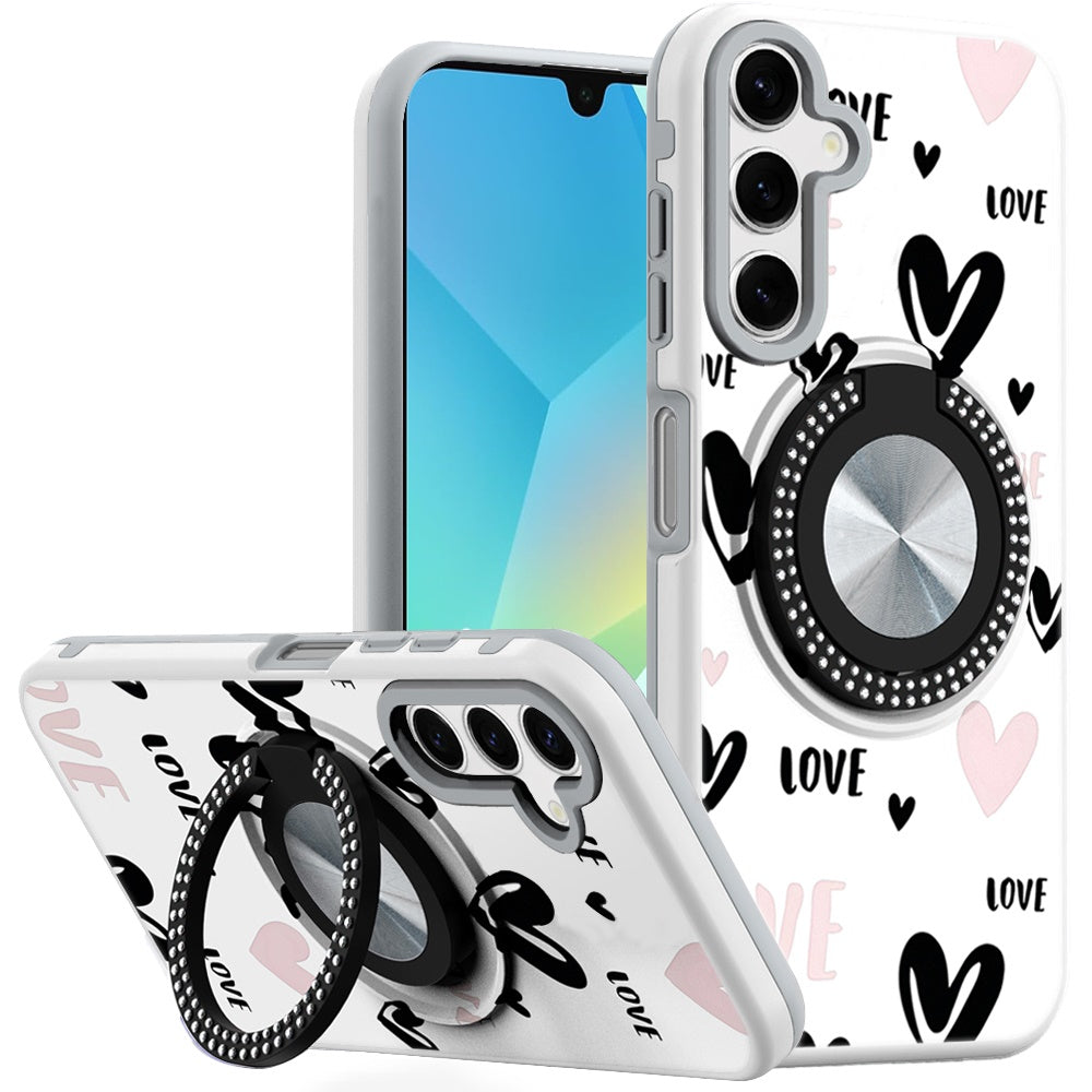 For Samsung A16 5G Case Printed Design Magnetic Bling Ring Stand +Tempered Glass