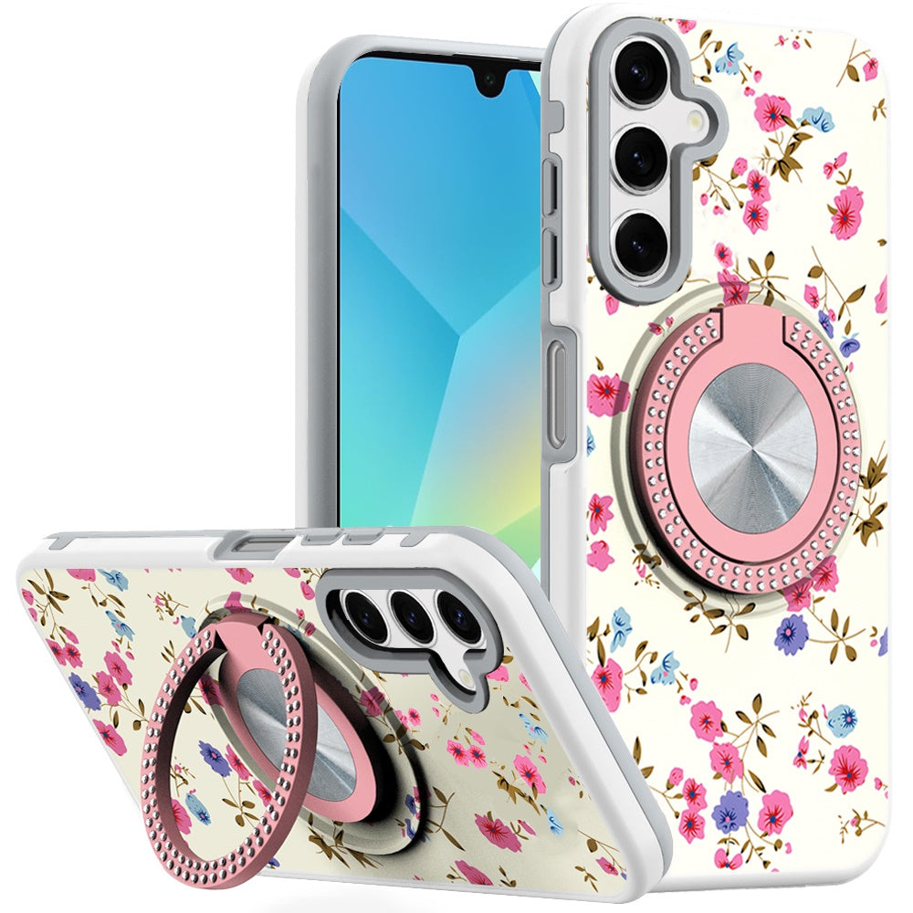 For Samsung A16 5G Case Printed Design Magnetic Bling Ring Stand +Tempered Glass