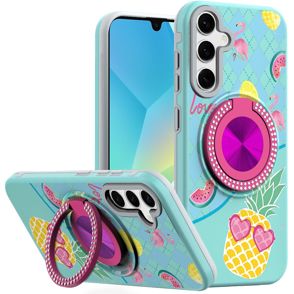 For Samsung A16 5G Case Printed Design Magnetic Bling Ring Stand +Tempered Glass