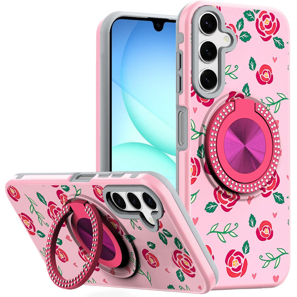 For Samsung A17 5G Case Printed Magnetic Bling Ring Stand Cover + Tempered Glass