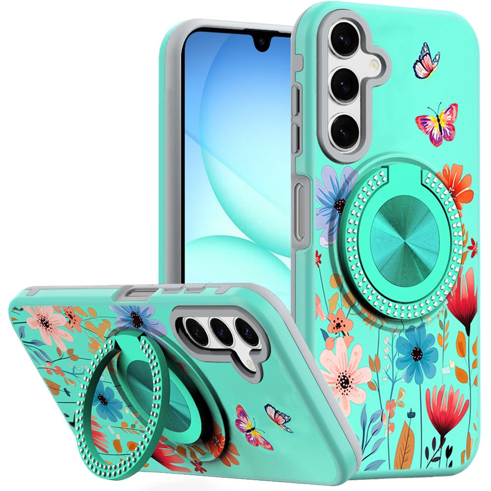 For Samsung A17 5G Case Printed Magnetic Bling Ring Stand Cover + Tempered Glass