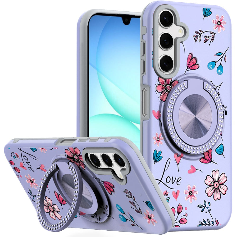 For Samsung A17 5G Case Printed Magnetic Bling Ring Stand Cover + Tempered Glass